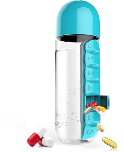2 en 1 bouteille d'eau portable avec boîte à pilules organisateur 7 jours boîte de planificateur voyage médicaments cas conteneurs, 600 ml bouteille d'eau amovible (Blue)