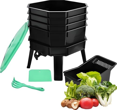 Kit lombricomposteur 4 Couches, bac à Compost de Jardin avec 4 Plateaux Amovibles, Grille de Ventilation et Robinet sur Pied, pour Un Recyclage Efficace des déchets de Jardin