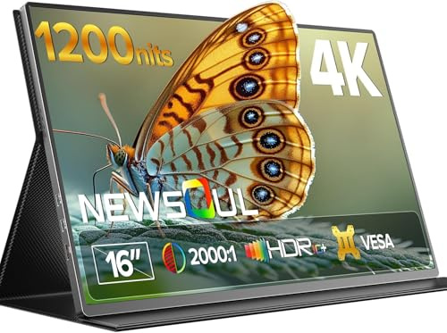 Newsoul 4K Portable Monitor, 3840 * 2400 UHD 16 Gaming Monitor 1200Nits 2000:1 100% sRGB IPS FreeSync Laptop Monitor with VESA & Cover Built-in USB-C HDMI Outdoor Screen for Phone Game Console
