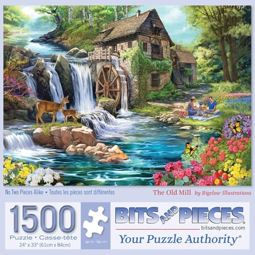 Bits and Pieces 1500 Piece Puzzles for Adults - Large 24 x 33 Large Jigsaw Puzzles 1500 Pieces Landscape River Waterfall, Random Die Cut, No 2 Pieces Alike, The Old Mill