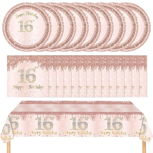41 Pcs 16th Birthday Rose Gold Party Tableware Decorations Set for Girls | Includes Happy Birthday Tablecloth Paper Plates Napkins Dinnerware Supplies for Her Theme Party Table Setting (16th Birthday)