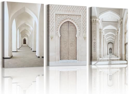 WENGTIAO 3 Stück Islamische Architektur Leinwand Bilder Kunstdrucke Gerahmt | Beige Moschee Islam Wandbilder für Modern Wanddeko Wohnzimmer Schlafzimmer 40x60cmx3