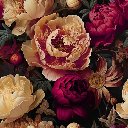 CRE8TIVE Tapete Selbstklebend Blumen Rot Schwarz Großen Pfingstrosen Vintage 30.5cm x 300cm Klebefolie Möbel Blumentapete Fototapete Wohnzimmer Schlafzimmer Foile für Möbel Arbeitsplatte Schrank