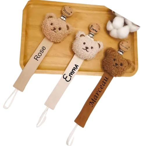 attache tétine personnalisé prénom fille garçon- coton côtelé -attache en bois- attache tétine ours en peluche