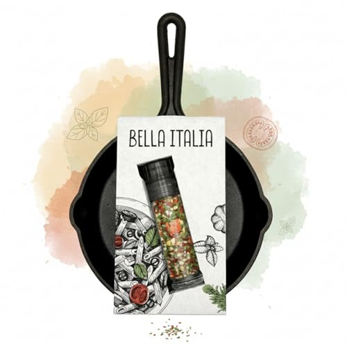 Alluvo Gewürz Geschenkset Bella Italia mit Mini Gusseisenpfanne Ø 16,5 cm | Mediterrane Gewürzmischung (Meersalz, Knoblauch, Chili) Grillgewürze Männer Geschenk, Mitbringsel für Grillparty