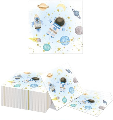 Kotkiddy 40 Weltraum Servietten 33x33cm Blau Astronaut Papierservietten Space First Trip Around The Sun Planet Geburtstag Baby Shower Tischdeko