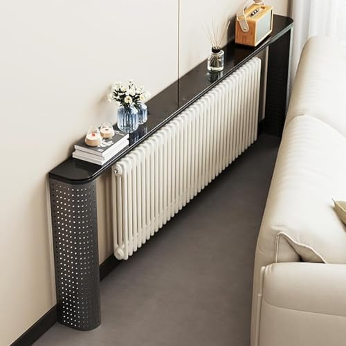 QSNYJPL Over Radiator Cover Shelf, Heavy Storage Rack with Hollow Out Holes, Tall Radiators Shelf with Rounded Corner for Living Room, Bedroom, Hallway, Bearing88 Lbs(Black,120cm/47in)