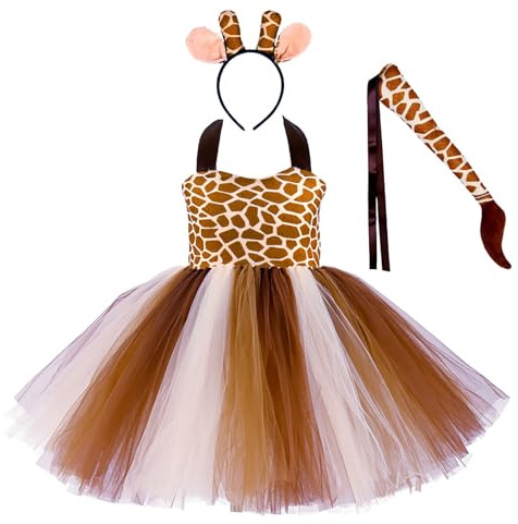 Niña Animal Disfraz de Cosplay Princesa Disfraz de Halloween Vaca Tigre Leopardo Jirafa Vestido de Tul con Diadema Cola 3 UNIDS Niño Bebé Navidad Carnaval Fiesta de cumpleaños Traje