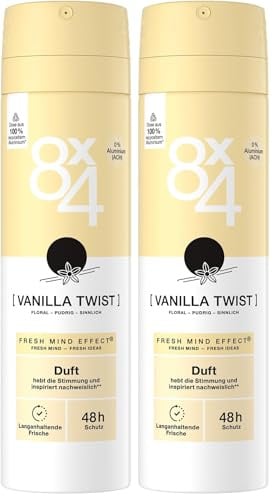 8X4 Vanilla Twist Deospray, Deodorant mit pudrigem Vanille Duft, sinnliches Deo ohne Aluminium (ACH) mit 48h zuverlässigen Schutz (150 ml) (Packung mit 2)