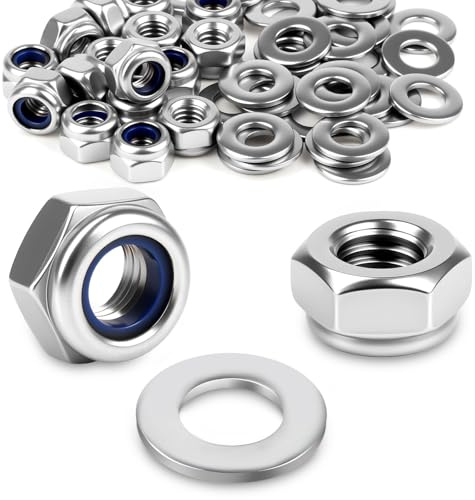 qjuwhua 100 Stück M4 Selbstsichernde Muttern DIN985 mit 100 Stück Unterlegscheiben DIN 125 Muttern M4 Edelstahl Sechskantmuttern Edelstahlmuttern für Maschinen Fahrzeuge Möbel im Innen Außenbereich