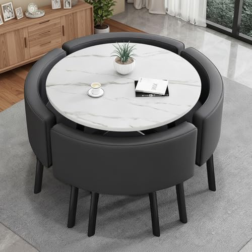 Generisch Essgruppen Esstisch mit 4 Stühlen, Runder Küche Esstisch Sitzgruppe, MDF-Platte, MDF-Tischplatte in Marmoroptik, Gepolstert Stühle, Moderner Küchentisch-Set für Esszimmer, Küche, Wohnzimmer