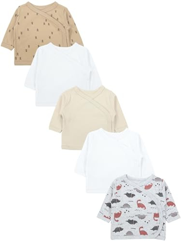 TupTam Baby Jungen Langarm Wickelshirt Baumwolle 5er Set, Farbe: Braun_Dino_Beige_White_Grau, Kinder Größe: 56