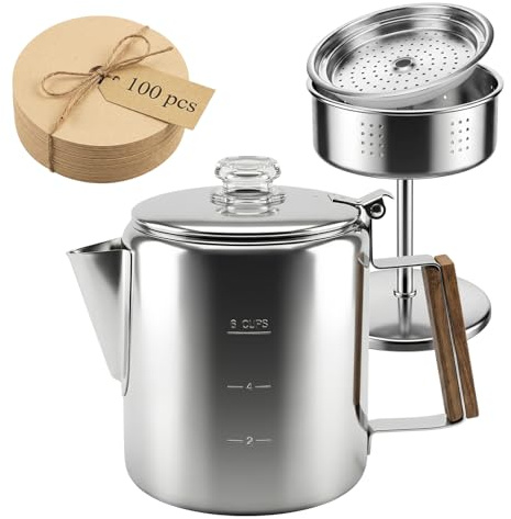 Eyoulife Perkolator Kaffeekanne 1L 304 Edelstahl Kaffeekanne für den Herd Enthält 100 Filterpapiere Kaffeekocher Camping Kompatibel mit Gasherden Induktionskochfeldern Campingkochern