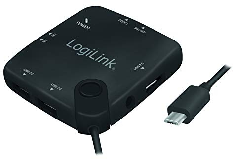 LogiLink UA0345 Hub OTG (on-The-Go) Multifonction (USB Type Micro USB) et Lecteur de Cartes mémoire SD/micro-SD/M2/MS (Duo/Pro), Compatible avec Smartphones et tablettes Android avec OTG