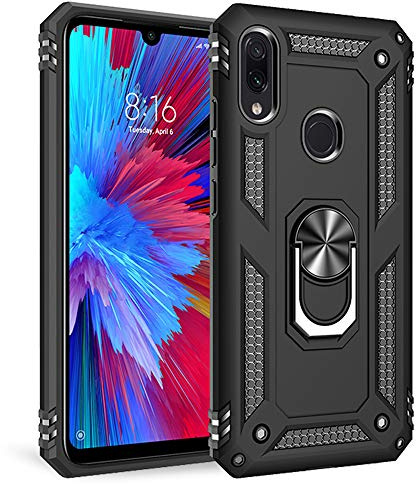 NALIA Ring Hülle kompatibel mit Xiaomi Redmi Note 7, Stoßfeste Handyhülle für magnetische Auto KFZ-Halterung mit 360 Grad Finger-Halter, Schutzhülle mit Silikon Cover Hardcase, Farbe:Schwarz