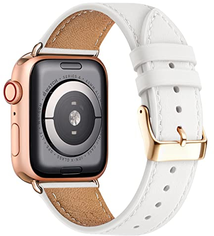 QAZNZ Leather Straps for Apple Watch 40mm 41mm 38mm 42mm(Series 10),Men Women Replacement Genuine Leather Strap Series 10 9 8 7 6 5 4 3 2 1 & iWatch SE,Ultra Ultra 2 (38mm, White/Rose gold)