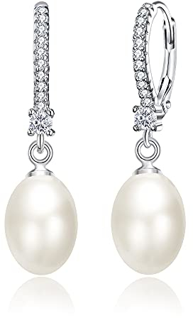 EVER FAITH Creme Perle Ohrringe 925 Sterling Silber weiß Cubic Zirconia Oval Süßwasser kultiviert Hochzeit Braut Leverback baumeln Schmuck für Damen