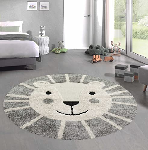 CARPETIA Kinderzimmer Teppich Baby Spielteppich 3D Optik High Low Effekt Löwe Creme grau weiß, 160 cm rund