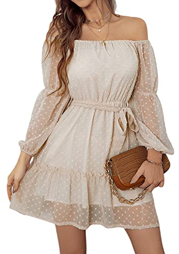 BebreezChic Kleid Damen Elegant Langarm Off Shoulder Einfarbig Swiss Dot Luftig Sommerkleid Minikleider Partykleid Strandkleid mit Gürtel, Beige S