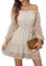 BebreezChic Kleid Damen Elegant Langarm Off Shoulder Einfarbig Swiss Dot Luftig Sommerkleid Minikleider Partykleid Strandkleid mit Gürtel, Beige S