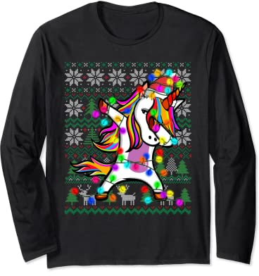 Dabbing Einhorn Lichterkette Ugly Christmas Sweater Kostüm Langarmshirt