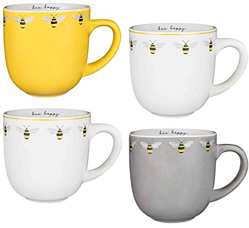 Bloomingtons Direct New Premium Quality Set of 4 Bee Happy Printed Mugs Tea Coffee Cups N-22