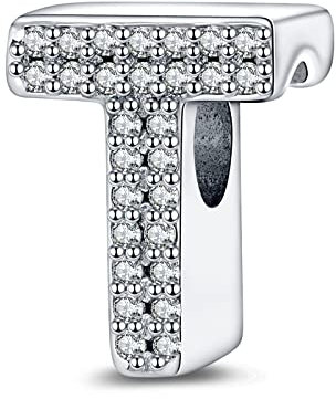 LaMenars Letter T Charm 925 Sterling Silver Beads for Bracelets with 5A Cubic Zirconia, Birthday Jewelry Gifts Women Girls