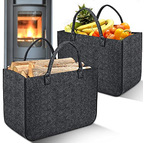 2 Stück Filztasche Kaminholztasche aus Filz Kaminholzkorb Filztaschen Einkaufskorb Brennholzkorb für Filzkorb, Shopper, Holz, Zeitungen, Einkaufstasche, Große Faltbarer Tragbare (Dunkelgrau)