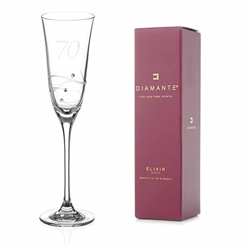 DIAMANTE 70th Birthday Champagne Glass – Single Crystal Champagne Flute with a Hand Etched “70” - Embellished with Crystals