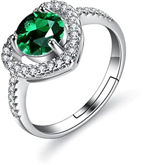 Bellitia Jewelry Damen Verstellbarer Ring Herz aus 925 Sterling Silber für Frauen Mädchen, Ring Damen Herz Symbol Verlobung mit 1ct Smaragd