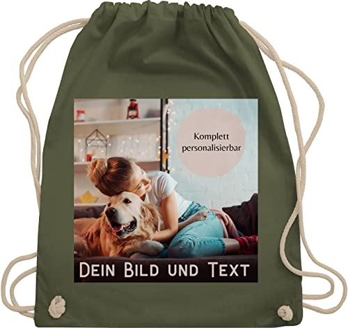 Turnbeutel Rucksack - eigenem - Foto Bild Geschenk I Dein Bild und Text - Unisize - Olivgrün - personalisierte wechselkleidung beutel kita tasche selbst drucken photo stoffrucksack