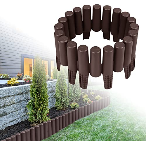 LZQ 2,8m Rasenkante Kunststoff Gartenpalisade Holzoptik Palisade Flexibel Beetzaun Beetumrandung Beeteinfassung für Gärten, Gras-und Steintrennung - Braun, 10 Stück