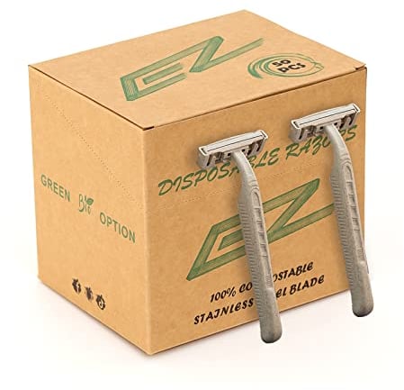 EZ Disposable Razor - 50pcs Eco Friendly Disposable Three Blade Shaving Razor for Men/Women's Grooming, Biodegradable Single-Use Body & Face Shaver for Eco Friendly Product Gifts