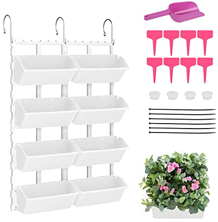 KMDZDZGS 8 pieces Hanging Plant Pots, Vertical Garden Planter, Wall Pocket, Hanging Flower Basket, Fence Balcony Railing Shelf Planters with Detachable Hook for Garden Ornat Home Decor (White)