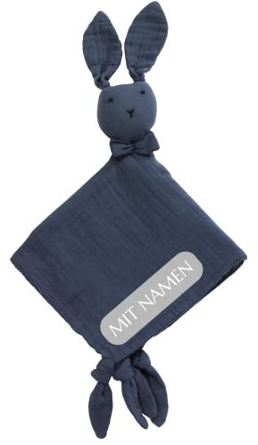 Liomio® Schnuffeltuch 35x35 cm personalisiert mit Namen [Made in EU] Schmusetuch Baby aus 100% Baumwolle [Oeko-TEX®100] - Baby Kuscheltier hochwertig Bestickt - Schmusetuch Hase (Dunkel Blau)