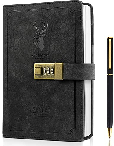 ZukoCert Journal With Lock， A5 PU Leather Diary With Lock 240 Pages, Retro Journal With Lock And Key To Protect Your Privacy, Unisex.（Deer Head Style, Black）