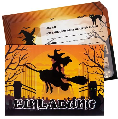 Zoriwn 12 x Halloween Einladungskarten Kinder,Einladung Halloween Kinder Erwachsene,für Eine Schaurig Schöne Halloween Party,Kürbis Schwarze Katze Hexenhut Fledermaus Grab