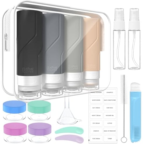 100ml x 4 Silikon Reiseflaschen Set - Reiseflaschen Zum Befüllen Toilettenartikel 17 Stück Portable Reise Container für Shampoo Lotion Auslaufsicher Nachfüllbare TSA geprüft und BPA frei