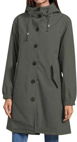 Hveuluop Gieen Veste Coupe-Vent Imperméable pour Femme - Veste Longue D'extérieur Légère et Déperlante, Veste de Pluie à Capuche, Trench-Coat de Randonnée avec Fermeture à Bouton