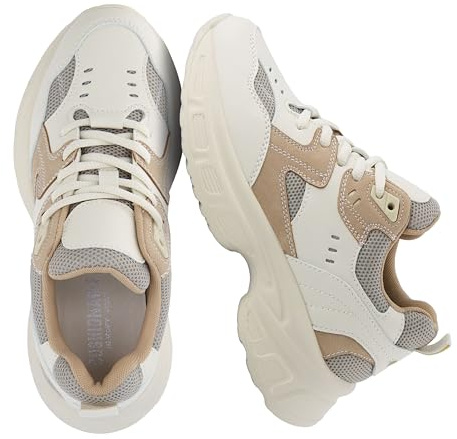CUSHIONAIRE Women's Strike Chunky Sneaker +Memory Foam, Wide Widths Available, White/Tan 8