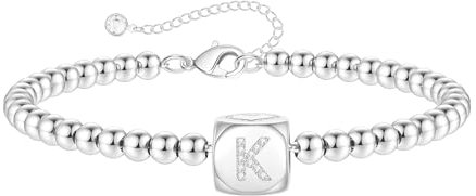TINGN Silber Armband mit Buchstaben Damen, 14K Weißgold Plattierte Würfel Armbänder Mädchen Geschenke Perle Armband Damen Silber Intiale K Armband Armkette Armschmuck Damen Geschenke für Frauen Mama