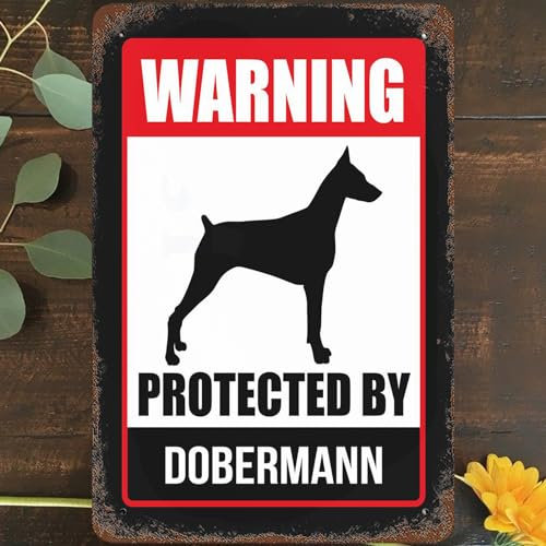 Metall-Blechschild im Vintage-Stil, 20,3 x 30,5 cm, Dobermann-Warnschild, Wandkunst-Dekor, geschützt durch Dobermann, Warnposter für Zuhause, Wohnzimmer, Schlafzimmer, Garten, Garage, Café, Bar, Pub