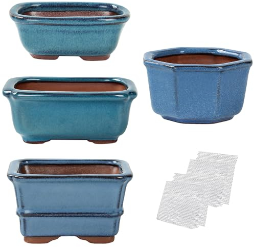 Happy Bonsai Juego de 4 mini macetas esmaltadas, con 4 rejillas de drenaje de malla suave