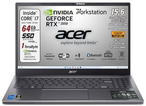 acer Notebook Workstation Intel Core i7-1255U, 10 Core 4,7 Ghz, RAM 64 GB, SSD 1Tb, 15.6 FullHD IPS, GeForce RTX 2050, Tastiera Retroilluminata, Finger, Wi-Fi 6, LAN, Win 11 Pro - Pronto all'Uso