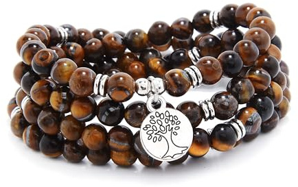oasymala Perles Mala en pierre faites à la main, 108, avec breloque arbre de vie, à porter comme collier ou bracelet (Oeil de tigre marron (Brown Tiger Eye))