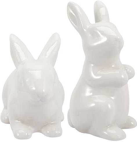 CORHAD 2 Stück Weiße Hasenfiguren aus Keramik Realistische Osterhasen Dekoration für Bücherregal und Wohnraum Leichte Handgefertigte Hasenstatue zur Wohnkultur