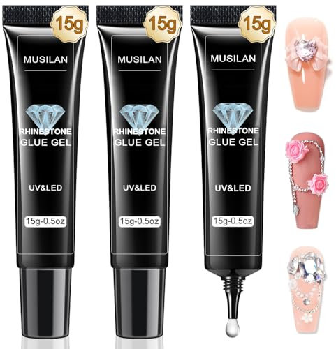 MUSILAN Rhinestone Glue Gel, 3*0.5 once Gel 3D Nail Art Super Fort Colle à ongles Strass pour Les ongles pour Paillettes d'Ongles, Strass Ongles Bijoux Colle Faux Ongles 3D Nail Art Décorations Design