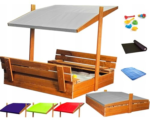 Bac à sable en bois avec banc, toit imprégné, bac à sable (gris)