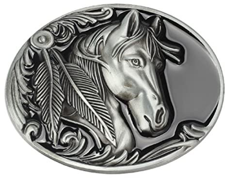 Longcreek Pferde Gürtelschnalle für Herren, Nordische Wikinger-Pferdekopf-ovale Gürtelschnalle, Punk Pferd Gravierte Feder Blatt Gürtelschnalle, Punk Rock Western-Cowboy-Gürtelschnalle (Silber)