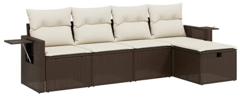 vidaXL Garten Sofa Garnitur 5-TLG., Gartenmöbel Set mit Kissen, Sitzgruppe für Garten Terrasse, Modular Gartensofa Lounge Hocker, Braun Poly Rattan